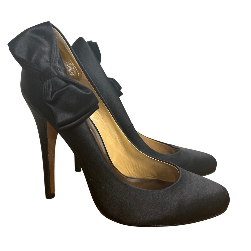 Badgley Mischka Pump Women 7 M Black Satin Side‎ Bow Stiletto Heel Formal Shoes